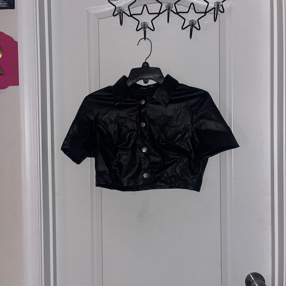 Black Faux Leather Cropped Shirt